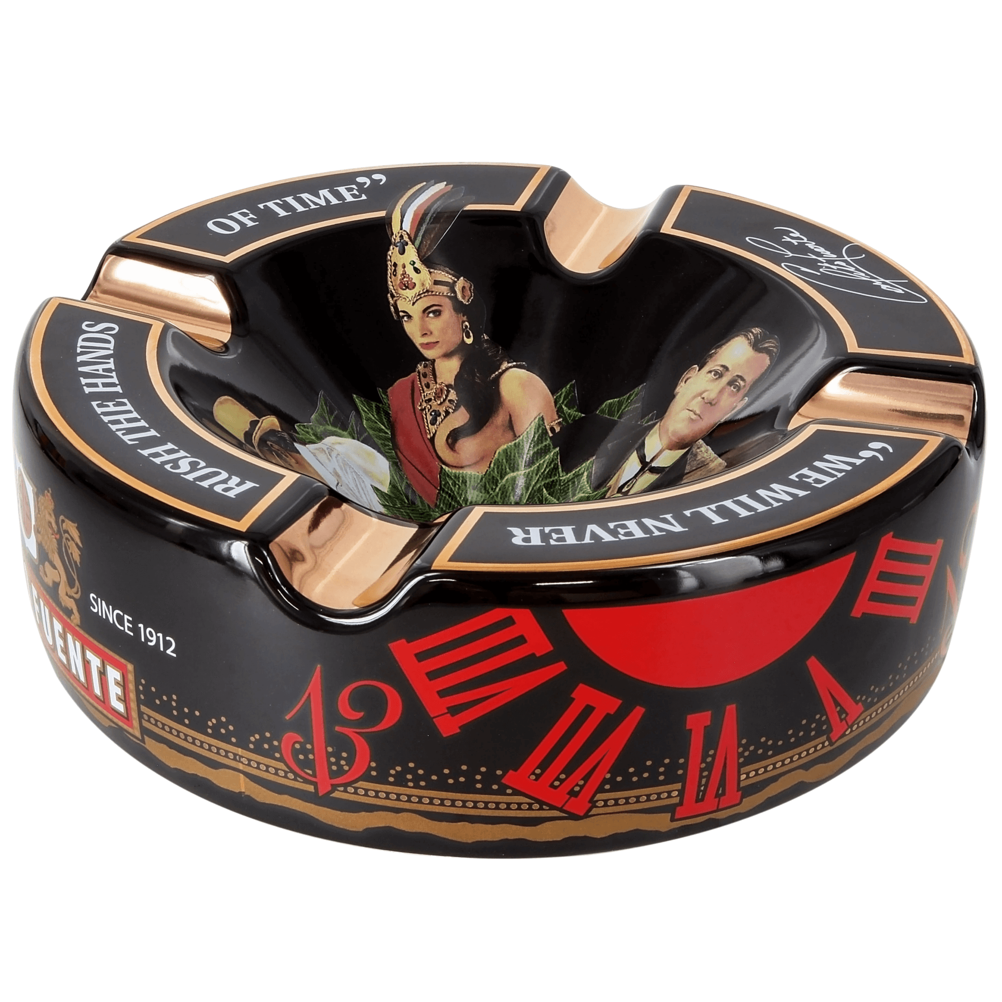 Arturo Fuente Ceramic Hands of Time Ashtray in black, featuring the iconic logo and hourglass design.