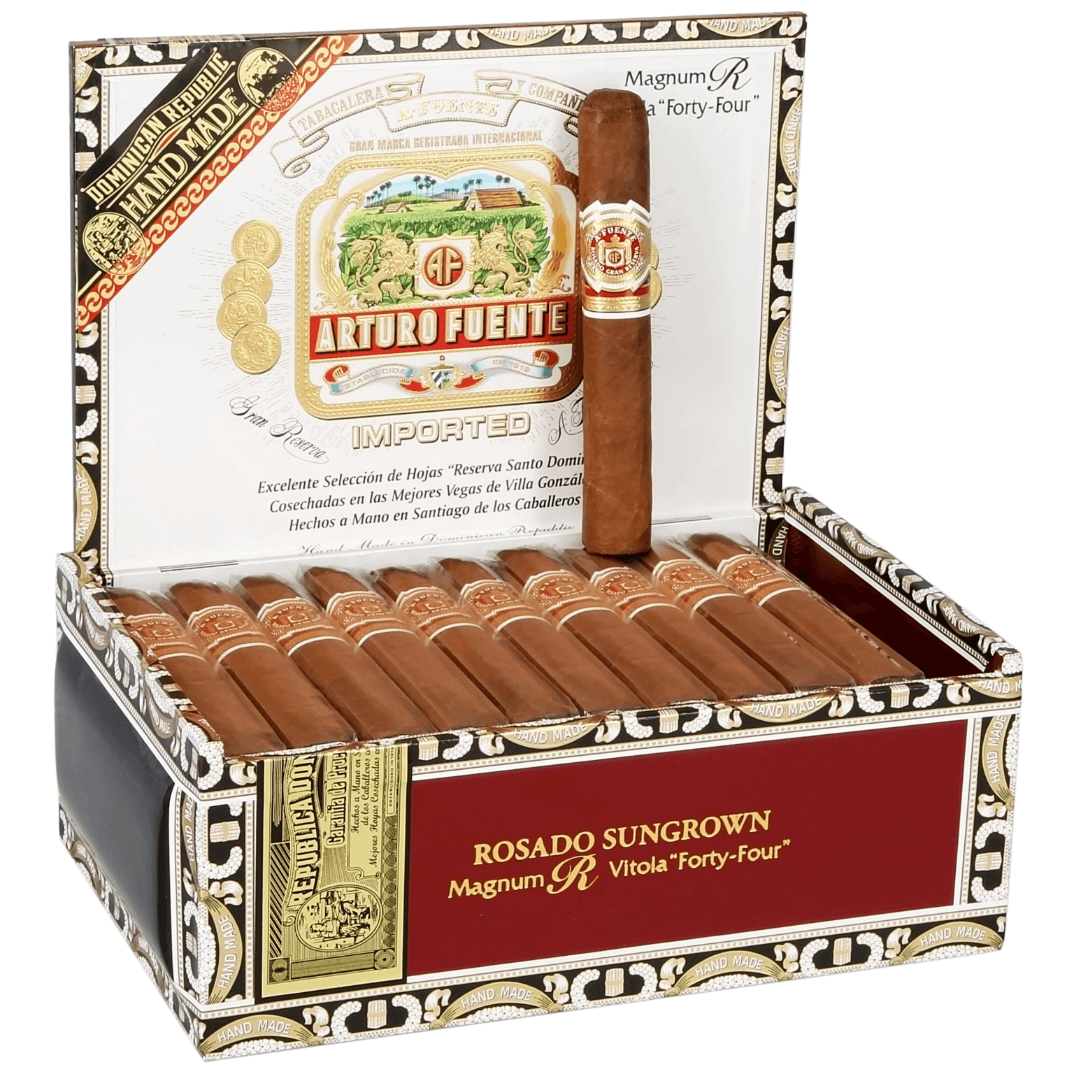 Open box of Arturo Fuente Magnum R Rosado Sungrown cigars with reddish-brown wrappers and elegant bands.