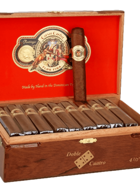 Open box of Casa Cuba by Arturo Fuente cigars with natural wrappers and the distinctive red and gold bands, displayed in a traditional wooden box