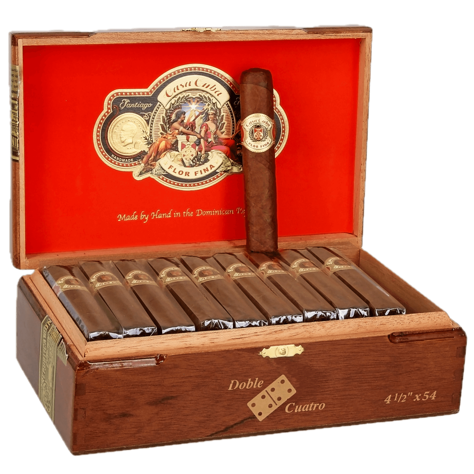 Open box of Casa Cuba by Arturo Fuente cigars with natural wrappers and the distinctive red and gold bands, displayed in a traditional wooden box