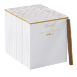 Single Davidoff Mini Cigarillo Gold placed in front of five stacked gold 5-pack boxes
