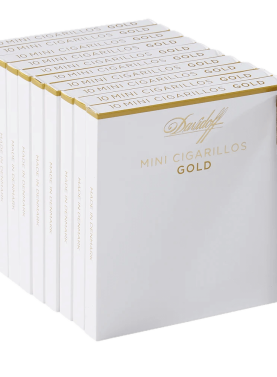 Single Davidoff Mini Cigarillo Gold placed in front of five stacked gold 5-pack boxes