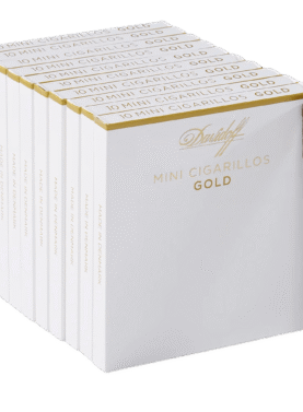 Single Davidoff Mini Cigarillo Gold placed in front of five stacked gold 5-pack boxes