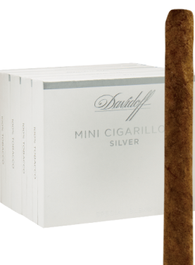 Single Davidoff Mini Cigarillo Silver in front of a 4-pack box