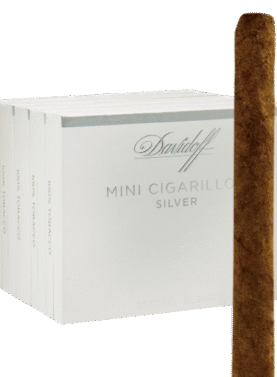Single Davidoff Mini Cigarillo Silver in front of a 4-pack box