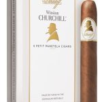 Single Davidoff Winston Churchill Petit Panatela cigar in front of branded pack