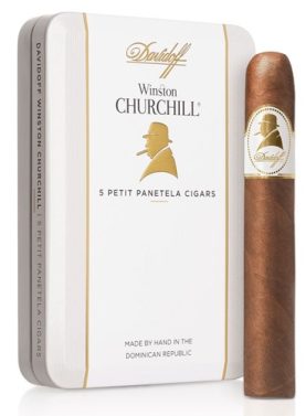 Single Davidoff Winston Churchill Petit Panatela cigar in front of branded pack