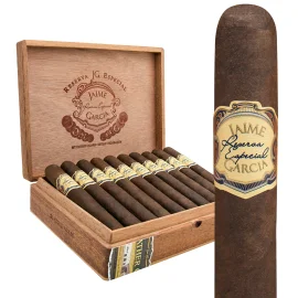 Single Jaime Garcia Reserva Especial cigar with open box in background