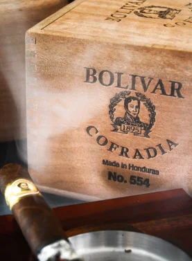 Closed box of Bolivar Cofradia cigars with bold branding and classic design