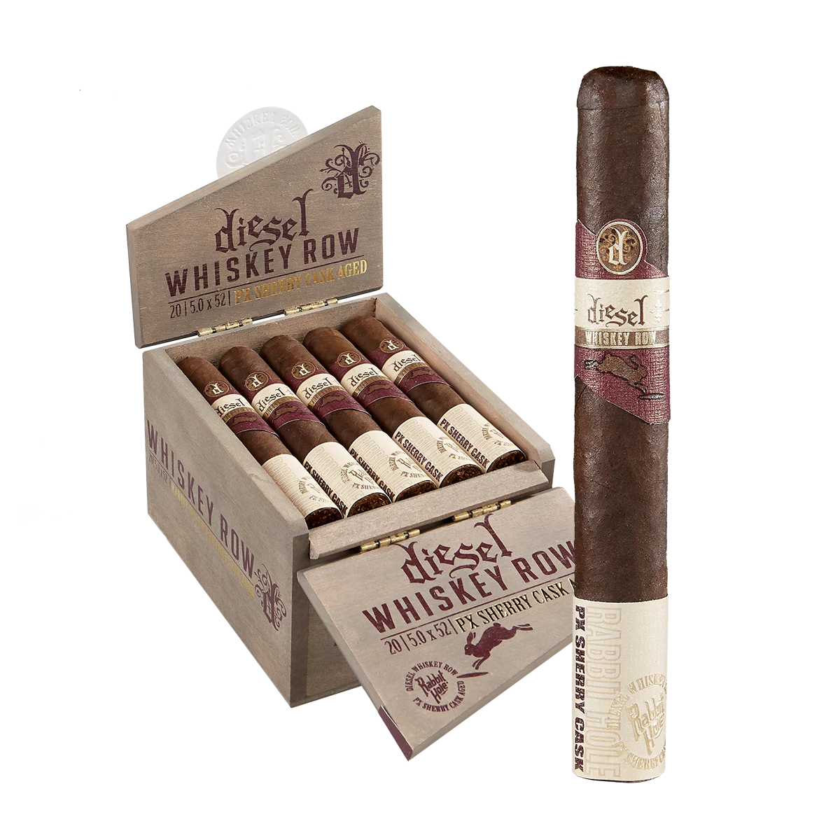 Single Diesel Whisky Row Sherry Cask cigar with open box in the background