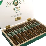 Open box of Joya de Nicaragua Cinco de Cinco cigars, displaying their rich, dark wrappers and elegant presentation.