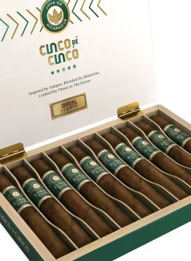 Open box of Joya de Nicaragua Cinco de Cinco cigars, displaying their rich, dark wrappers and elegant presentation.