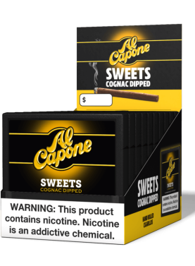 Open box of Al Capone Sweets cigars with individual cigars neatly arranged inside, featuring their signature sweet flavor and smooth wrappers