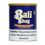 Can of Bali Shag roll-your-own tobacco featuring vibrant tropical-themed packaging.