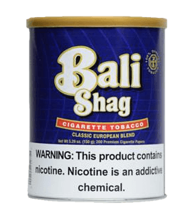 Can of Bali Shag roll-your-own tobacco featuring vibrant tropical-themed packaging.