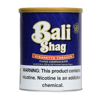 Can of Bali Shag roll-your-own tobacco featuring vibrant tropical-themed packaging.