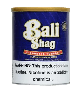 Can of Bali Shag roll-your-own tobacco featuring vibrant tropical-themed packaging.
