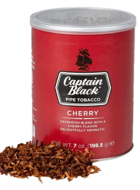 Can of Captain Black Cherry pipe tobacco featuring vibrant, cherry-themed branding and aromatic blend.