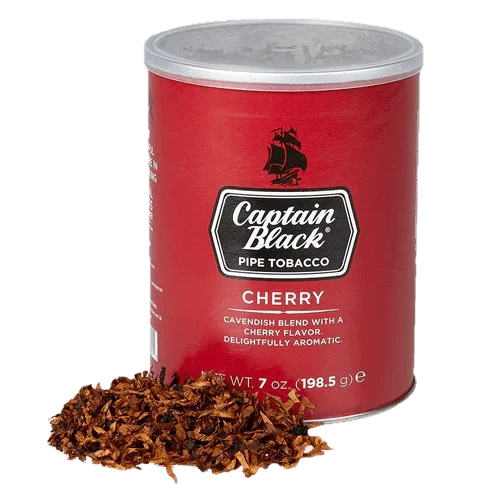 Can of Captain Black Cherry pipe tobacco featuring vibrant, cherry-themed branding and aromatic blend.