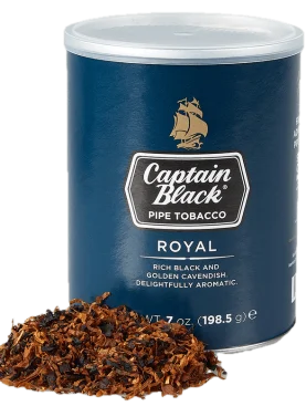 Can of Captain Black Royal pipe tobacco featuring elegant branding and a rich, aromatic blend.