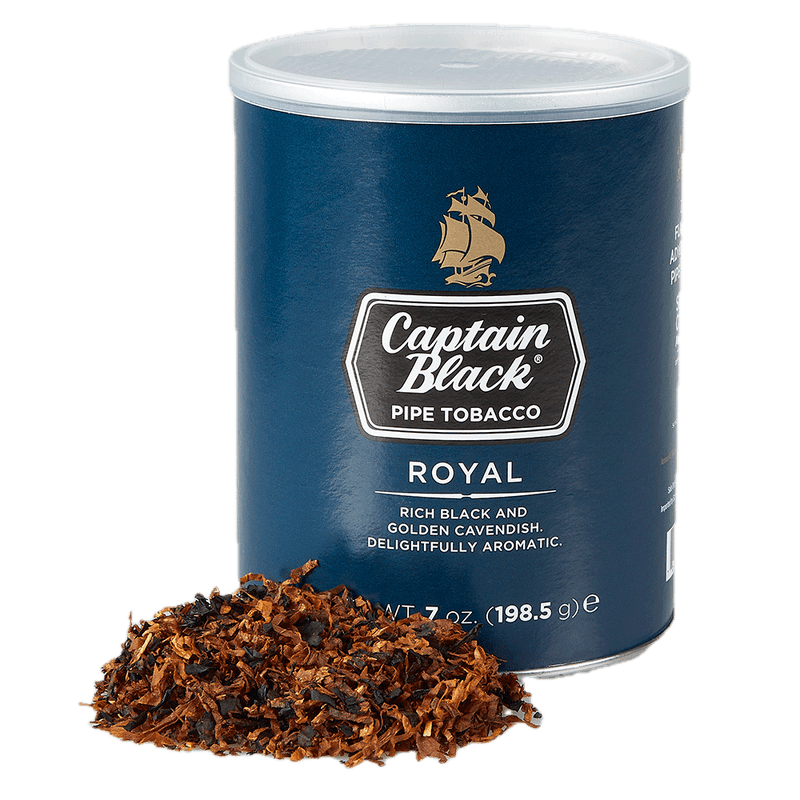 Can of Captain Black Royal pipe tobacco featuring elegant branding and a rich, aromatic blend.