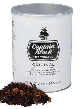 Can of Captain Black White pipe tobacco featuring classic branding and smooth, mild blend