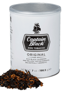 Can of Captain Black White pipe tobacco featuring classic branding and smooth, mild blend