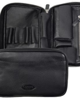 Comoys leather tobacco pouch with pipe travel case,open to show storage for 3 pipes and a zippered tobacco compartment