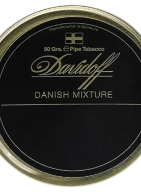 Davidoff Danish Mixture pipe tobacco tin featuring a smooth blend of Virginia, Burley, Oriental tobaccos, and a subtle aromatic essence.