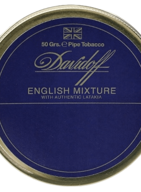 Davidoff English Mixture pipe tobacco tin featuring a classic blend of Virginia, Burley, Latakia, and Oriental leaf.