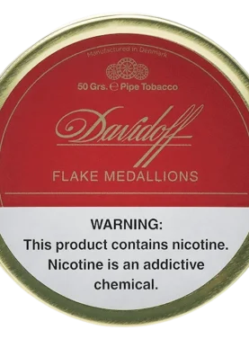 Davidoff Flake Medallions pipe tobacco tin displaying elegant coin-shaped flakes of Virginia and Black Cavendish tobaccos.