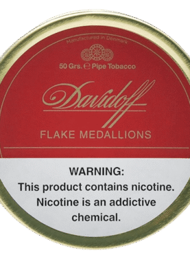 Davidoff Flake Medallions pipe tobacco tin displaying elegant coin-shaped flakes of Virginia and Black Cavendish tobaccos.