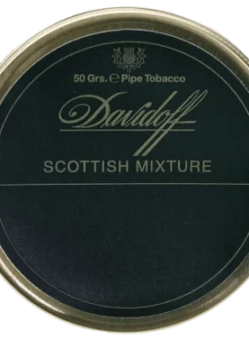 Davidoff Scottish Mixture pipe tobacco tin featuring a smooth blend of Virginia, Burley, Oriental, and whisky flavoring.