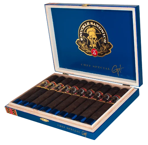 Open box of Espinoza Knuckle Sandwich Chef's Special 2024 cigars, showcasing their elegant band and expertly crafted appearance inside the luxurious wooden box.