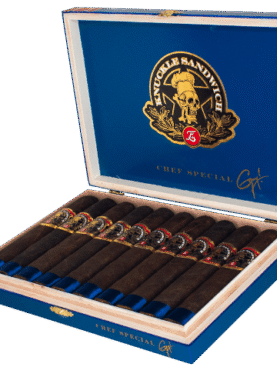 Open box of Espinoza Knuckle Sandwich Chef's Special 2024 cigars, showcasing their elegant band and expertly crafted appearance inside the luxurious wooden box.