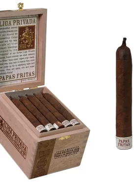 Liga Privada H99 Connecticut Corojo Papas Fritas single cigar with open box in background