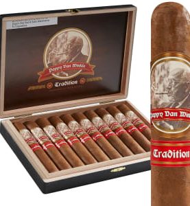 Single Pappy Van Winkle Barrel Fermented cigar displayed in front of an open box of the same cigars.