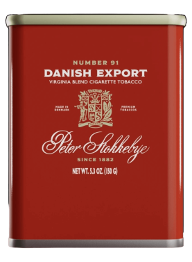 Package of Peter Stokkebye Danish Export roll-your-own tobacco featuring a clean, Scandinavian design.