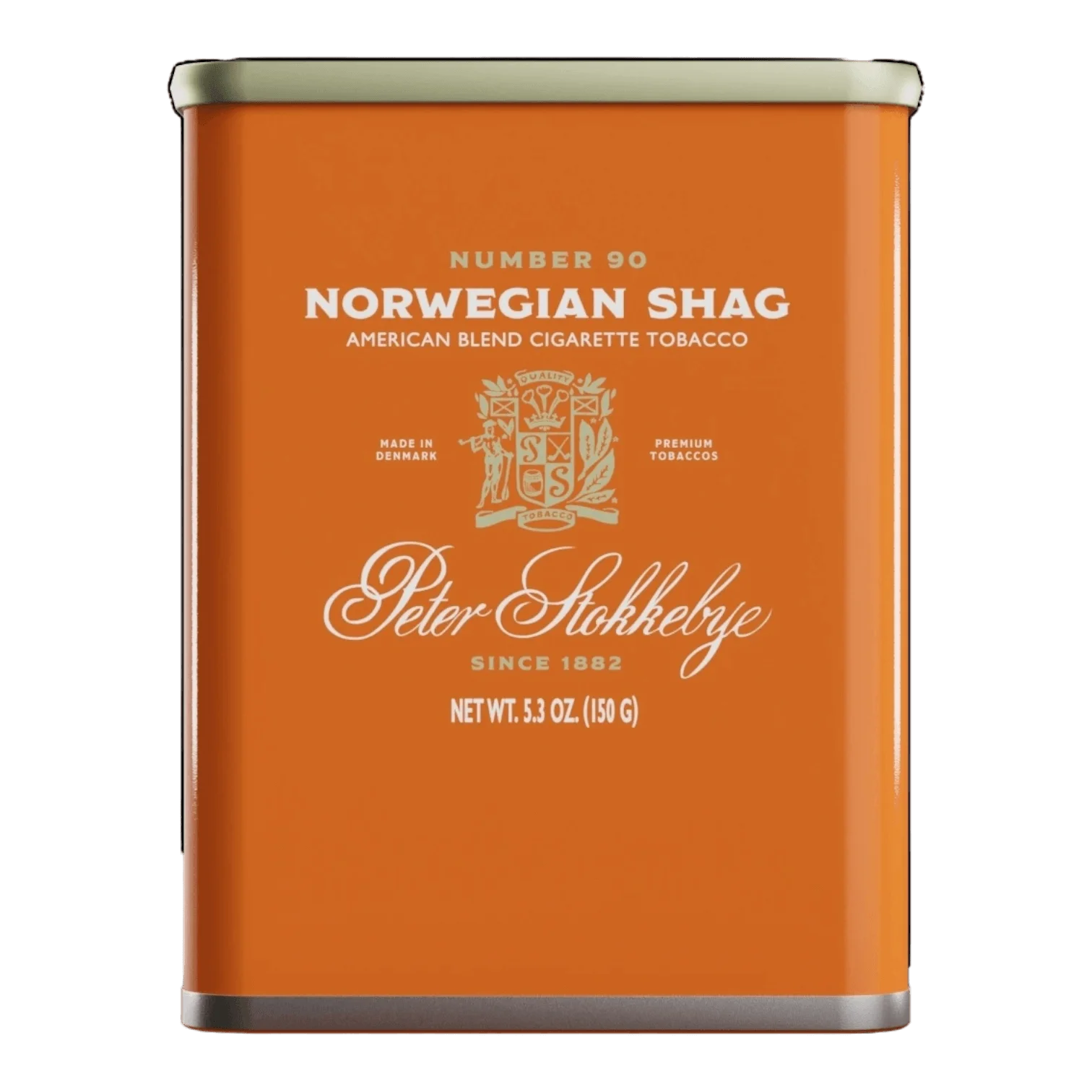 Can of Peter Stokkebye Norwegian Shag tobacco, featuring classic European design