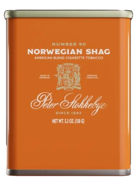 Can of Peter Stokkebye Norwegian Shag tobacco, featuring classic European design