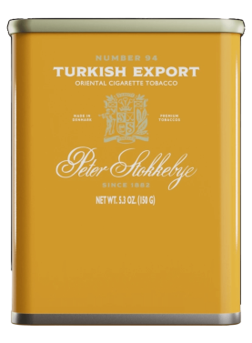 Package of Peter Stokkebye Turkish Export roll-your-own tobacco with classic design and fine-cut contents