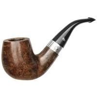 Peterson Sherlock Holmes Dark Smooth Professor P-Lip pipe featuring a sleek, dark smooth finish with a polished silver band and classic Sherlockian bent design.