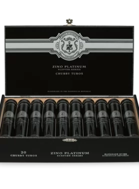 Open box of Zino Platinum Scepter cigars with rows of elegant cigars neatly arranged inside.