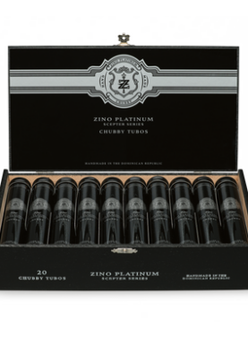 Open box of Zino Platinum Scepter cigars with rows of elegant cigars neatly arranged inside.
