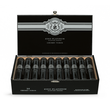 Open box of Zino Platinum Scepter cigars with rows of elegant cigars neatly arranged inside.