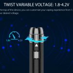 A Yocan Lux vape pen battery shown in a slim, cylindrical design with an adjustable voltage dial near the base.