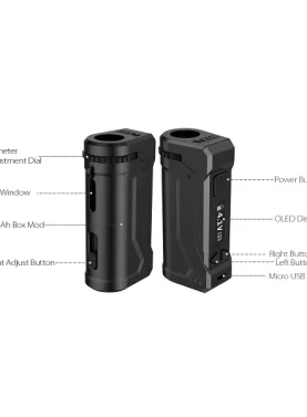 A Yocan Uni Pro box mod with an adjustable cartridge chamber, OLED display, and compact rectangular body.
