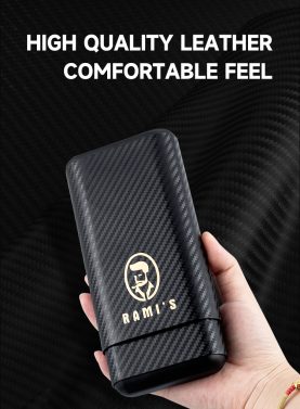 A hand holding a black carbon-fiber textured leather case with the gold logo and text “RAMI’S” printed on the front, against a matching carbon-fiber background.