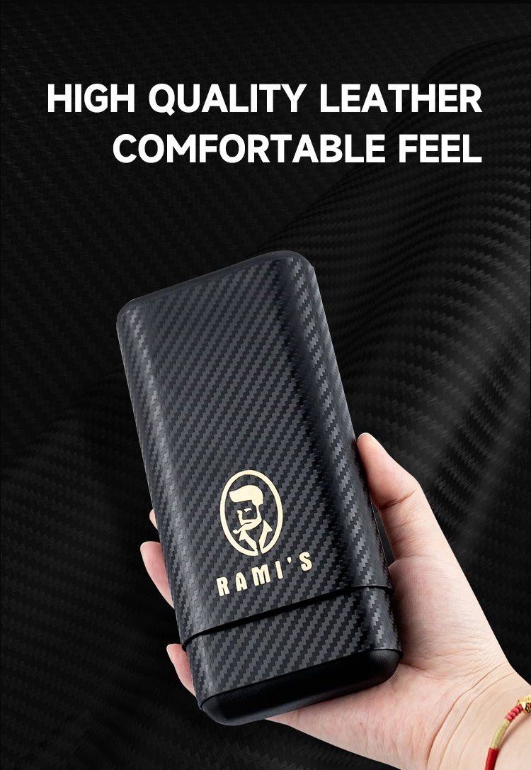 A hand holding a black carbon-fiber textured leather case with the gold logo and text “RAMI’S” printed on the front, against a matching carbon-fiber background.