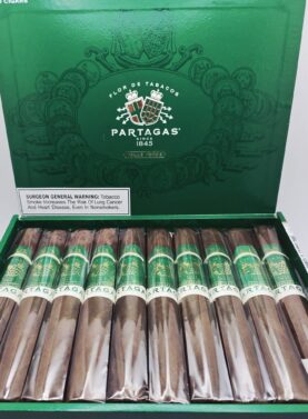 Open box of Partagás Valle Verde cigars with smooth Ecuadorian Habano wrappers and elegant green and gold bands.